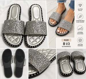 Women's Silver Glitter Slide Sandals Size 8.5 9 Rhinestone Studded Flat Slip On